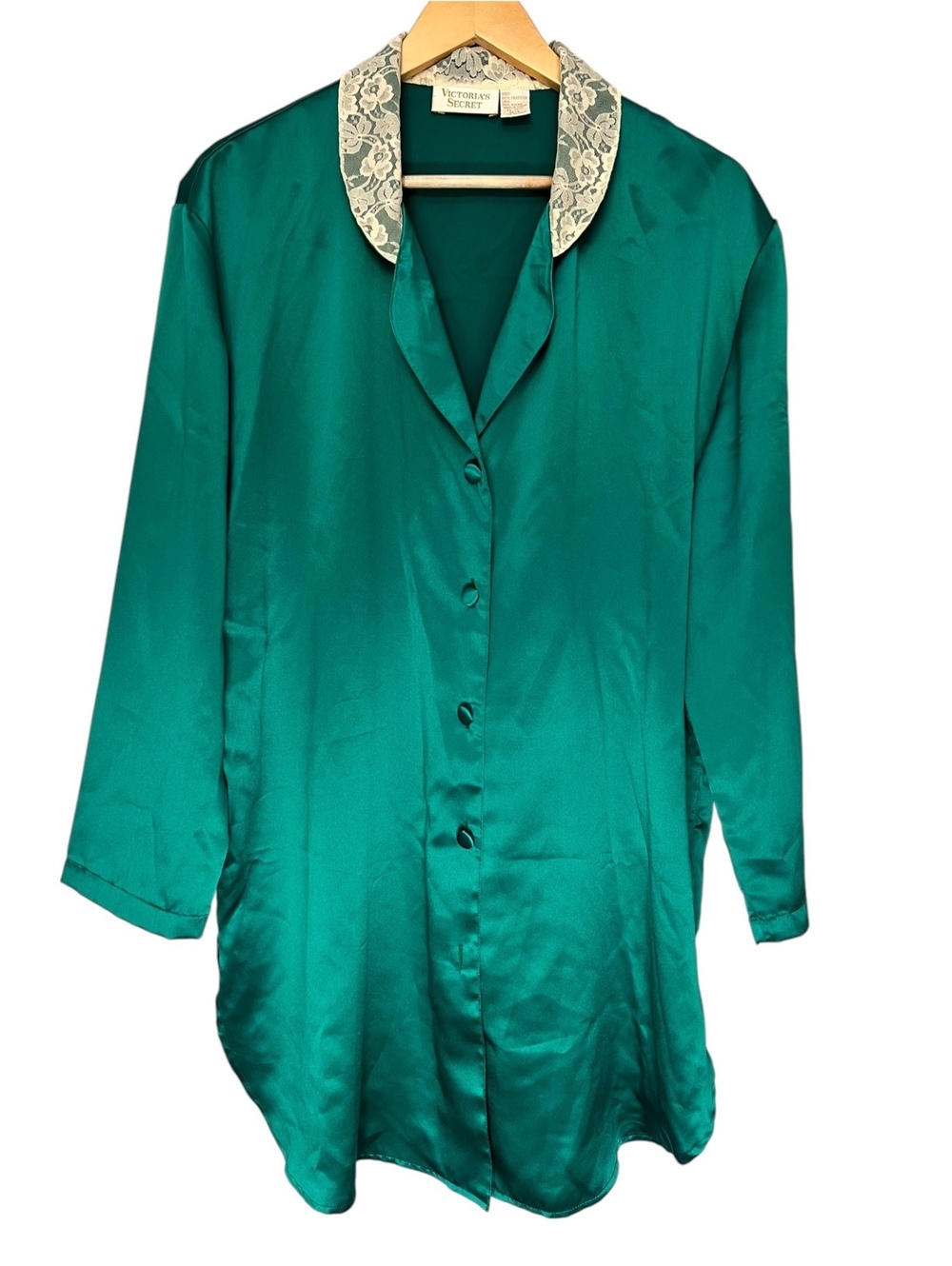 Vintage Victoria's Secret Gold Label Green Satin Lace Collar Nightshirt M/L